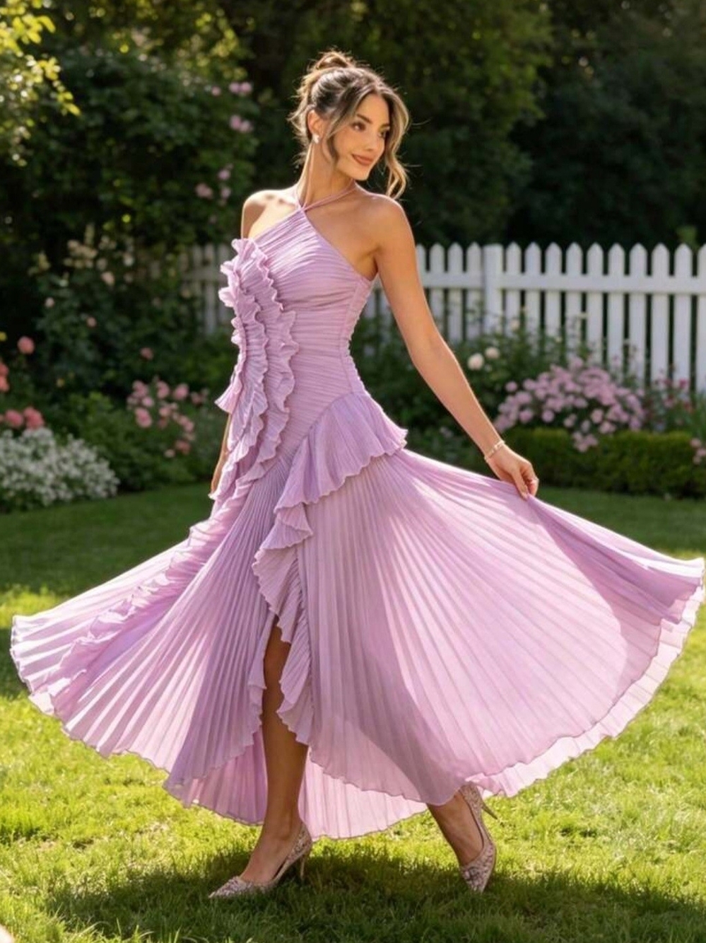 Womens Halter Sleeveless Ruffle A Line Dress Light Purple M